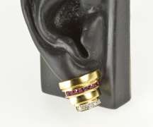 14K Yellow Gold Diamond Ruby Tiered Ornate French Back Earrings