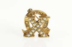 10K Yellow Gold Victorian Omega Chi Seed Pearl Enamel X Pin/Brooch