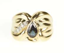 14K Yellow Gold Retro Pear Sapphire Diamond Wavy Statement Ring