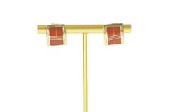 14K Yellow Gold Squared Coral Inlay Geometric Curved Stud Earrings