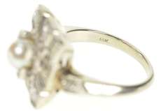 14K White Gold Art Deco Squared Pearl Diamond Engagement Ring