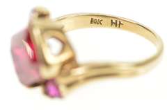 10K Yellow Gold Retro 1960's Syn. Ruby Emerald Cut Heart Ring