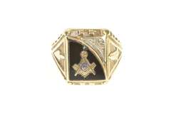 10K Yellow Gold Black Onyx Masonic Inlay Men's Retro Ring