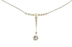 14K Yellow Gold 1.21 Ctw Victorian Diamond Drop Pearl Necklace