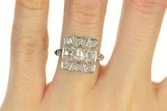 14K White Gold Art Deco Squared Pearl Diamond Engagement Ring