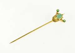 14K Yellow Gold Art Deco Turquoise Syn. Emerald Ornate Stick Pin