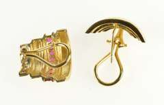 14K Yellow Gold Diamond Ruby Tiered Ornate French Back Earrings