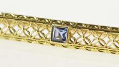 14K Yellow Gold Art Deco Filigree Princess Iolite Bar Pin/Brooch
