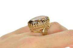10K Yellow Gold 1960's Ornate Oval Smoky Quartz Cocktail Ring