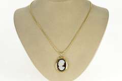 14K Yellow Gold Oval Black Onyx Carved Opal Lady Cameo Pendant