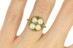 14K Yellow Gold Pearl Emerald 1960's Retro Basket Cocktail Ring