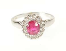 14K White Gold Oval Natural Ruby Diamond Halo Engagement Ring