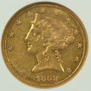 Ultra Rare Virtual Mint State 1859 US $5 Liberty Gold Piece. NGC AU55