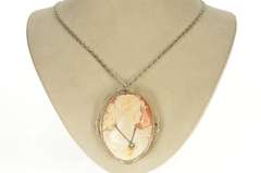 14K White Gold Art Deco Carved Lady Diamond Cameo Filigree Necklace
