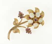 14K Yellow Gold Natural Opal Ruby Etched Flower Statement Pin/Brooch