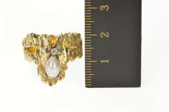 14K Yellow Gold 1960's Pearl Diamond Raw Textured Statement Ring
