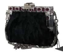 DOLCE & GABBANA Black Fur Silver Crystal Shoulder VANDA Purse