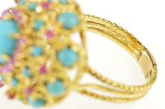 18K Yellow Gold Ornate Turquoise Ruby Statement Cocktail Ring