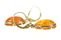 14K Yellow Gold Oval Amber Cabochon Dangle Lever Back Earrings