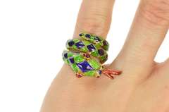 18K Yellow Gold Checkered Blue Green Enamel Snake Serpent Ring