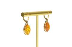 14K Yellow Gold Oval Amber Cabochon Dangle Lever Back Earrings