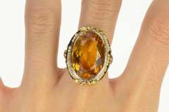 10K White Gold Art Deco Citrine Floral Rose Filigree Cocktail Ring