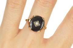 10K Yellow Gold 1960's Black Onyx Oval Diamond Cocktail Ring