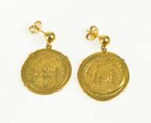 14K Yellow Gold Ornate Ancient Coin Dangle Post Back Earrings
