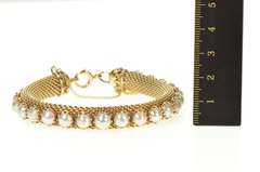 14K Yellow Gold Retro 1960's Pearl Mesh Chain Statement Bracelet