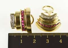 14K Yellow Gold Diamond Ruby Tiered Ornate French Back Earrings
