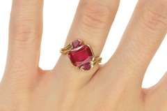 10K Yellow Gold Retro 1960's Syn. Ruby Emerald Cut Heart Ring