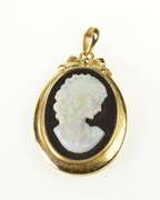14K Yellow Gold Oval Black Onyx Carved Opal Lady Cameo Pendant