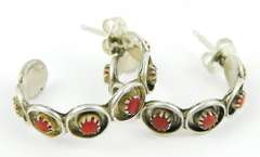 Vintage Navajo Sterling Coral Hoop Earrings