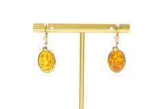 14K Yellow Gold Oval Amber Cabochon Dangle Lever Back Earrings