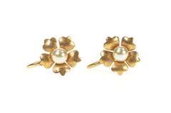 10K Yellow Gold 1960's Retro Flower Pearl Inset Screw Back Earrings