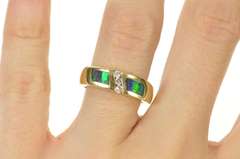 14K Yellow Gold Inlaid Black Opal Diamond Squared Band Ring