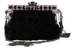 DOLCE & GABBANA Black Fur Silver Crystal Shoulder VANDA Purse