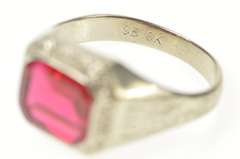 10K White Gold 1920's Art Deco Leaf Etched Syn. Ruby Ring