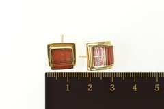 14K Yellow Gold Squared Coral Inlay Geometric Curved Stud Earrings