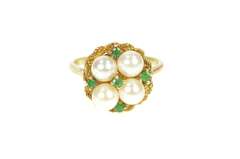 14K Yellow Gold Pearl Emerald 1960's Retro Basket Cocktail Ring