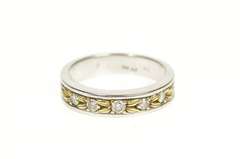 14K White Gold Two Tone Diamond Leaf Pattern Wedding Band Ring