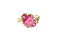 10K Yellow Gold Retro 1960's Syn. Ruby Emerald Cut Heart Ring