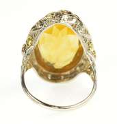 10K White Gold Art Deco Citrine Floral Rose Filigree Cocktail Ring