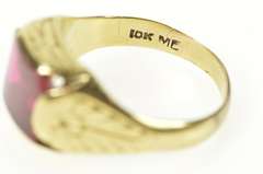 10K Yellow Gold 1930's Syn. Ruby Etched Leaf Vine Pattern Ring