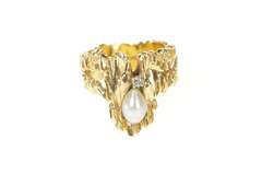14K Yellow Gold 1960's Pearl Diamond Raw Textured Statement Ring