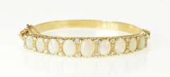 14K Yellow Gold Ornate Natural Opal Diamond Statement Bangle Bracelet