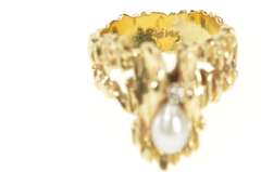 14K Yellow Gold 1960's Pearl Diamond Raw Textured Statement Ring