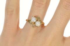 10K Yellow Gold Two Pearl Diamond Accent Bypass Engagement Ring