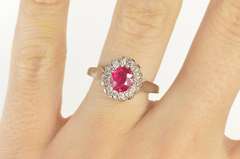 14K White Gold Oval Natural Ruby Diamond Halo Engagement Ring