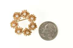 14K Yellow Gold Pearl Inset Flower Daisy Wreath Statement Pin/Brooch